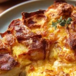 Delicious Croissant Breakfast Casserole topped with cheese and herbs