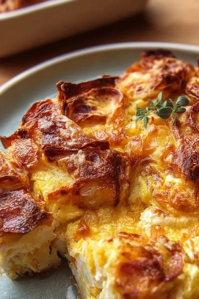 Delicious Croissant Breakfast Casserole topped with cheese and herbs