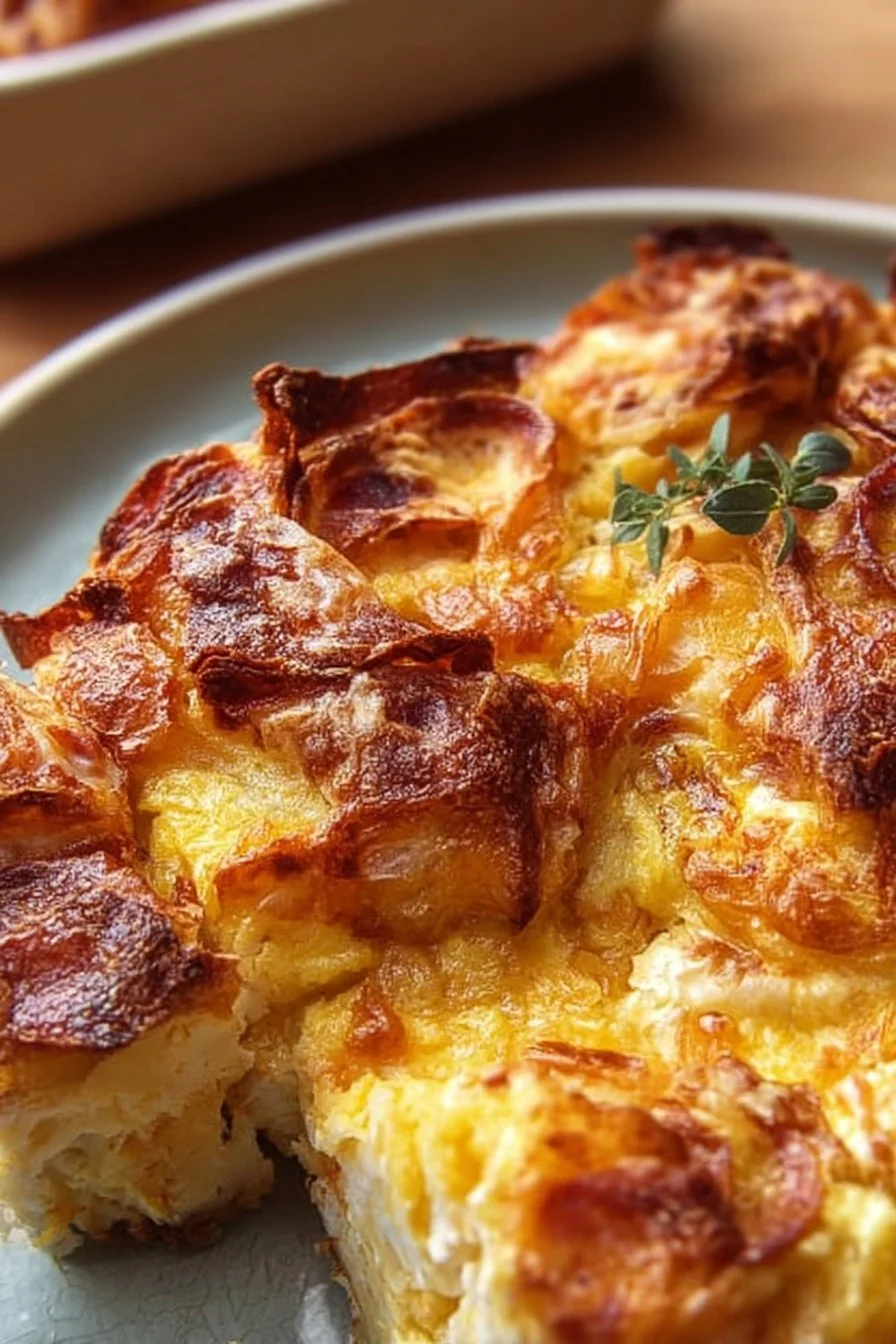 Delicious Croissant Breakfast Casserole topped with cheese and herbs