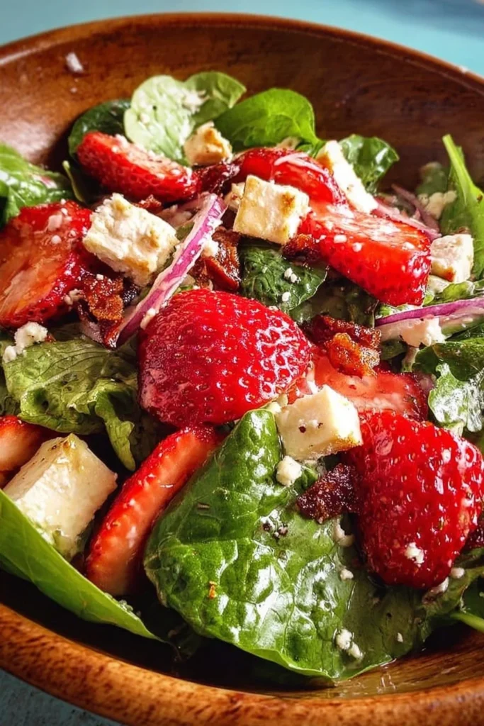 Crunchy strawberry romaine feta salad with fresh strawberries and greens