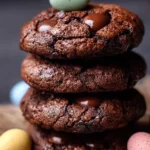 Double chocolate Easter egg brownie cookies stacked on a plate