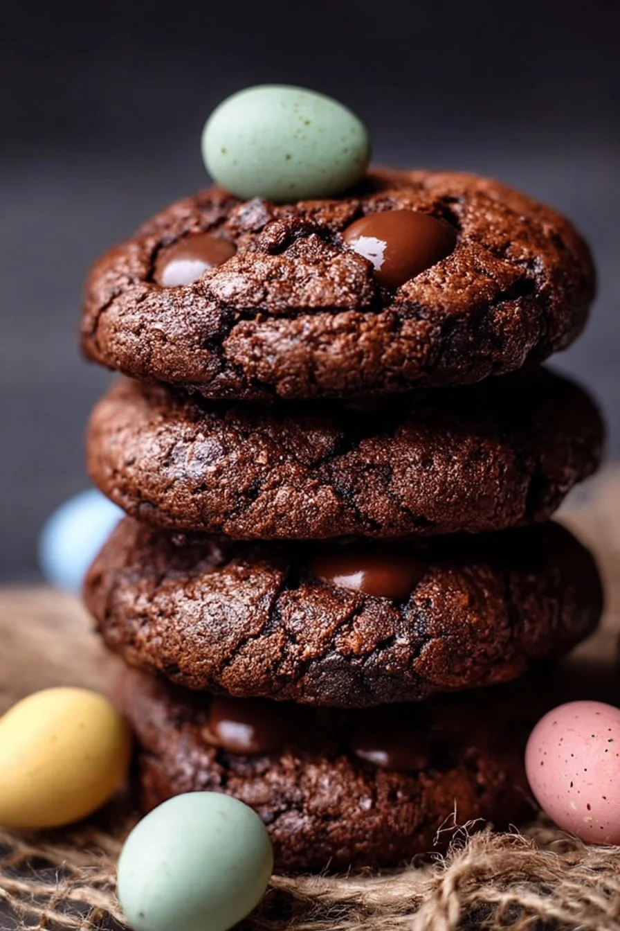 Double chocolate Easter egg brownie cookies stacked on a plate