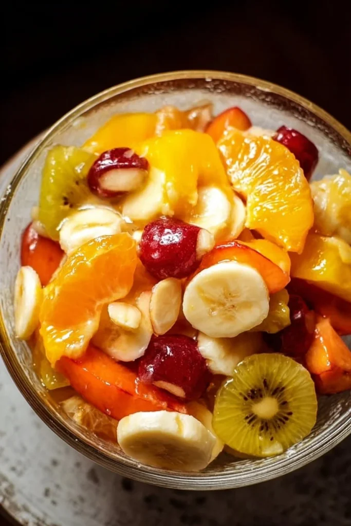 Colorful Easter fruit salad with peach pie filling in a bowl