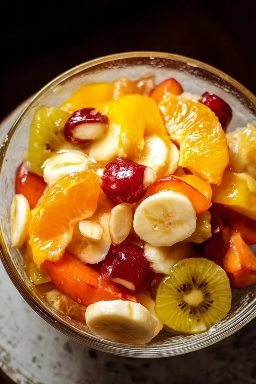 Colorful Easter fruit salad with peach pie filling in a bowl