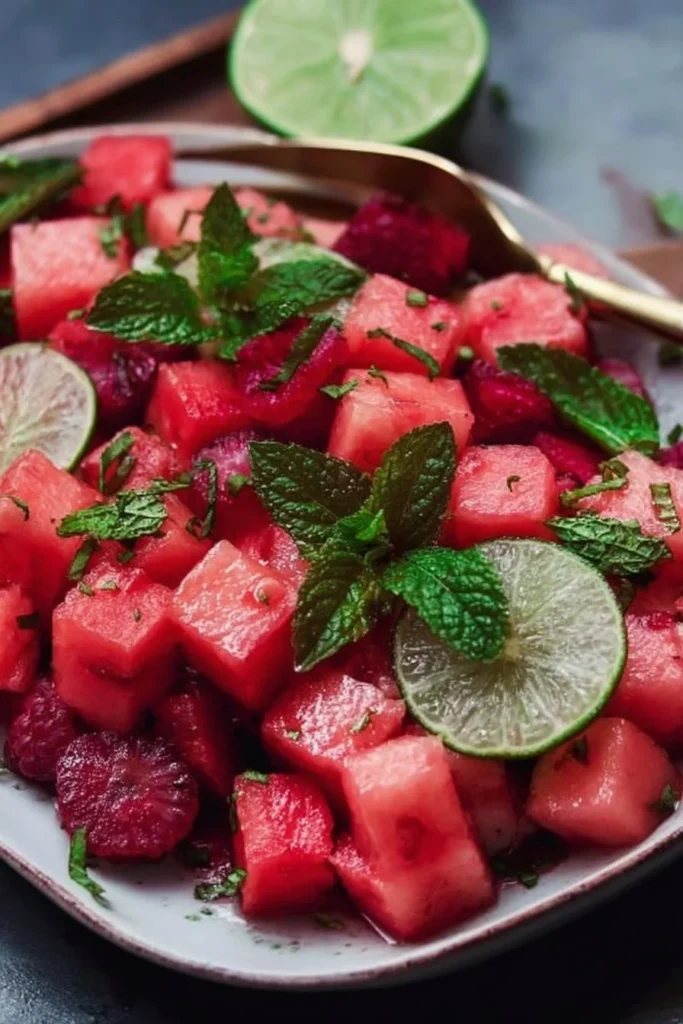 Keto watermelon salad with lime mint dressing in a bowl
