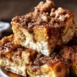 Easy overnight French toast bake with cinnamon streusel topping served in a dish.