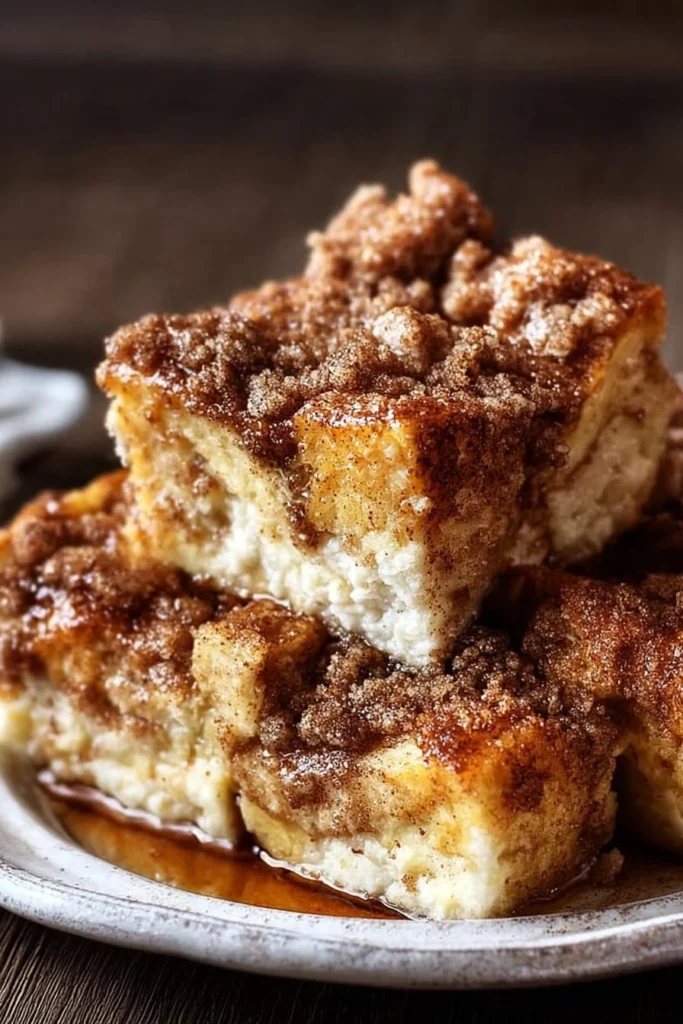 Easy overnight French toast bake with cinnamon streusel topping served in a dish.