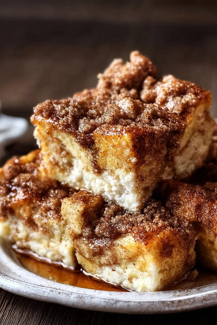 Easy overnight French toast bake with cinnamon streusel topping served in a dish.
