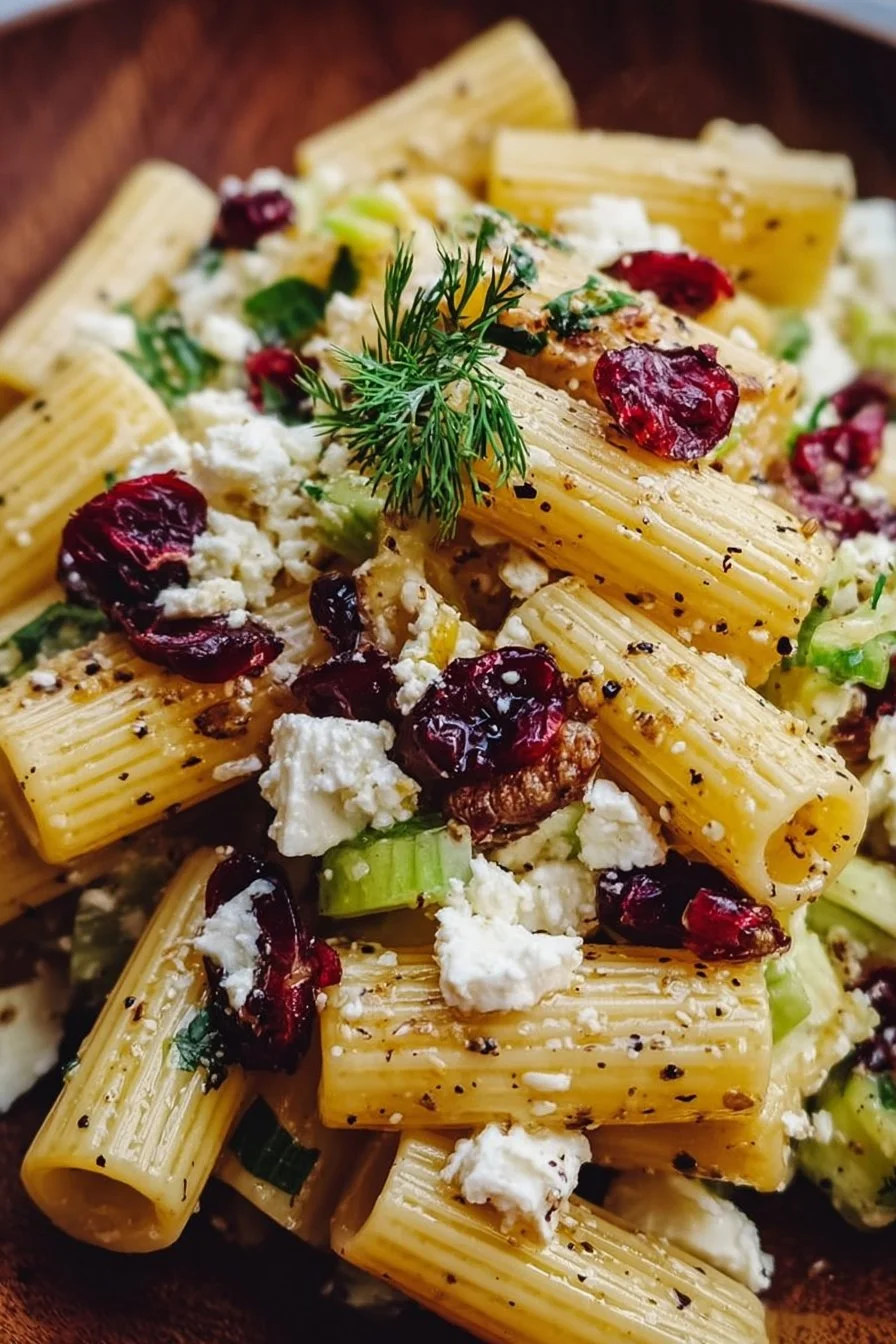 Feta Cranberry Rigatoni Salad with Lemon Vinaigrette in a colorful bowl