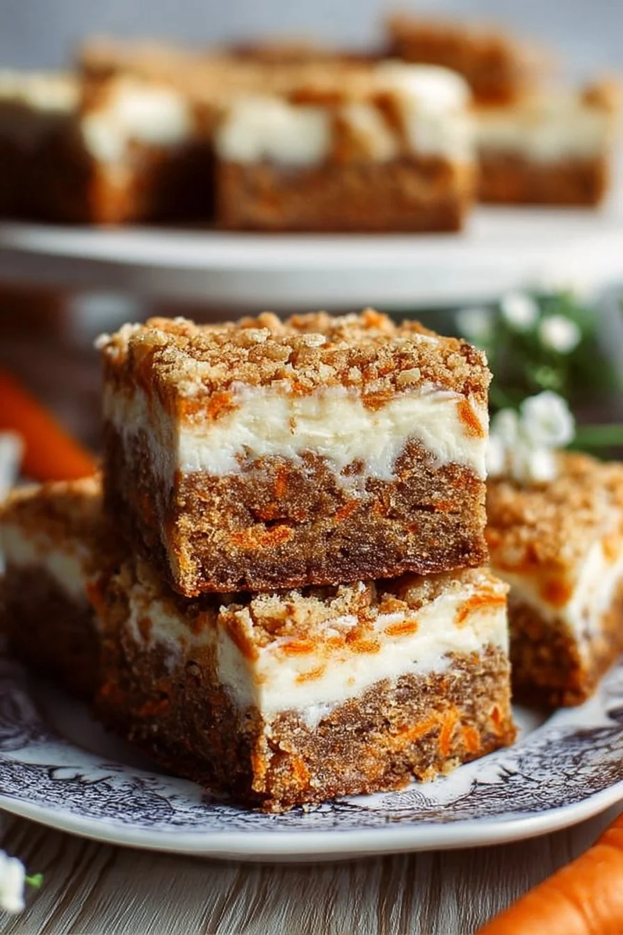 Fluffy Easter carrot cake bars on a decorative plate with pastel sprinkles