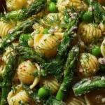 Fresh spring pasta salad with asparagus and lemon dill vinaigrette in a bowl