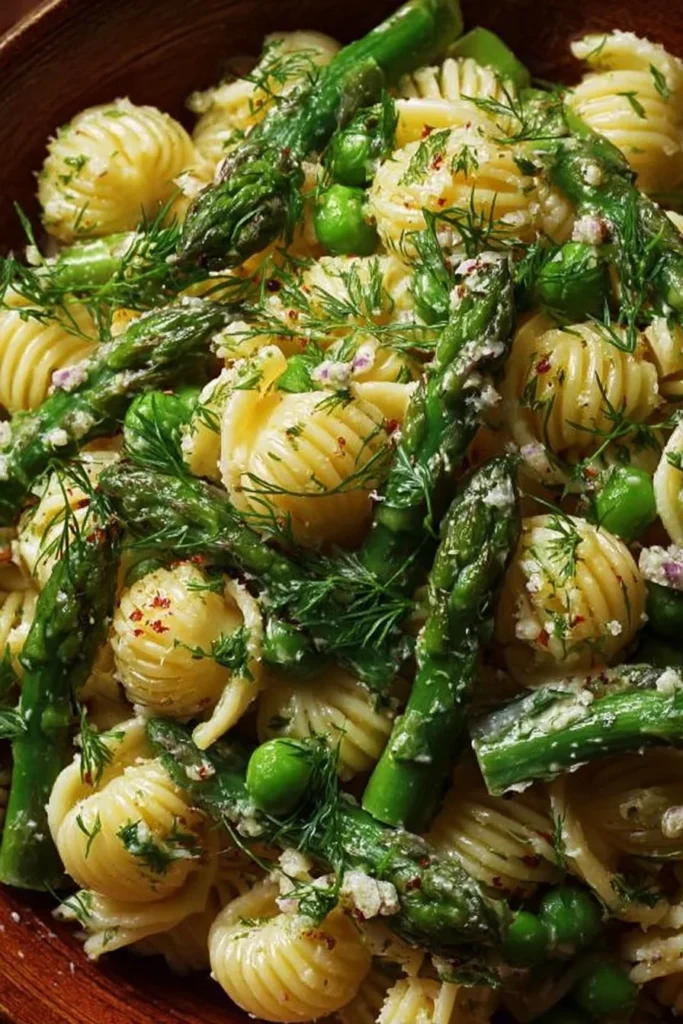 Fresh spring pasta salad with asparagus and lemon dill vinaigrette in a bowl