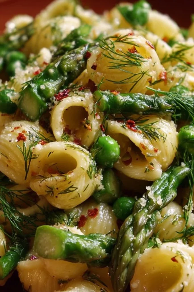 Fresh Spring Pasta Salad featuring asparagus and lemon dill vinaigrette