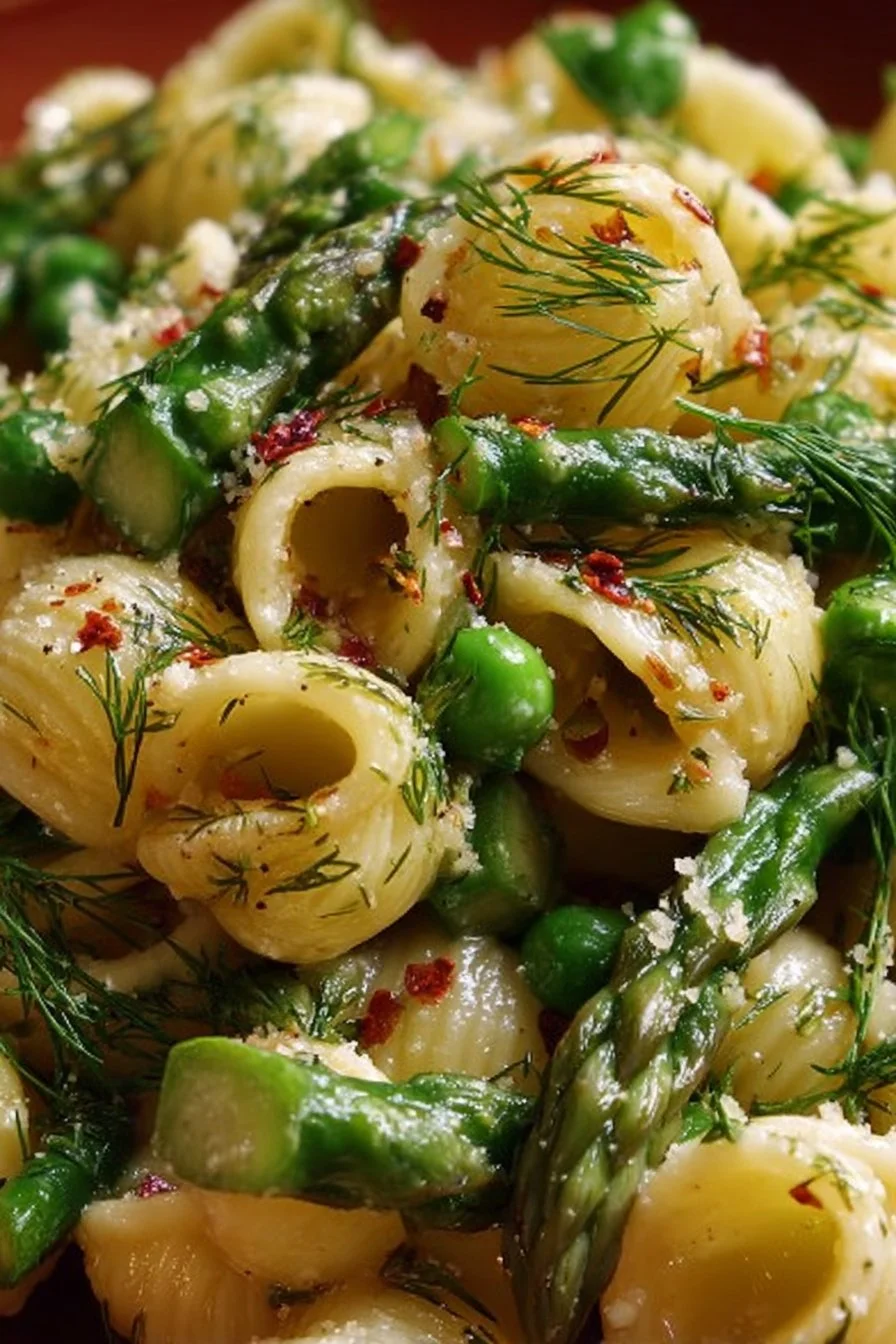 Fresh Spring Pasta Salad featuring asparagus and lemon dill vinaigrette