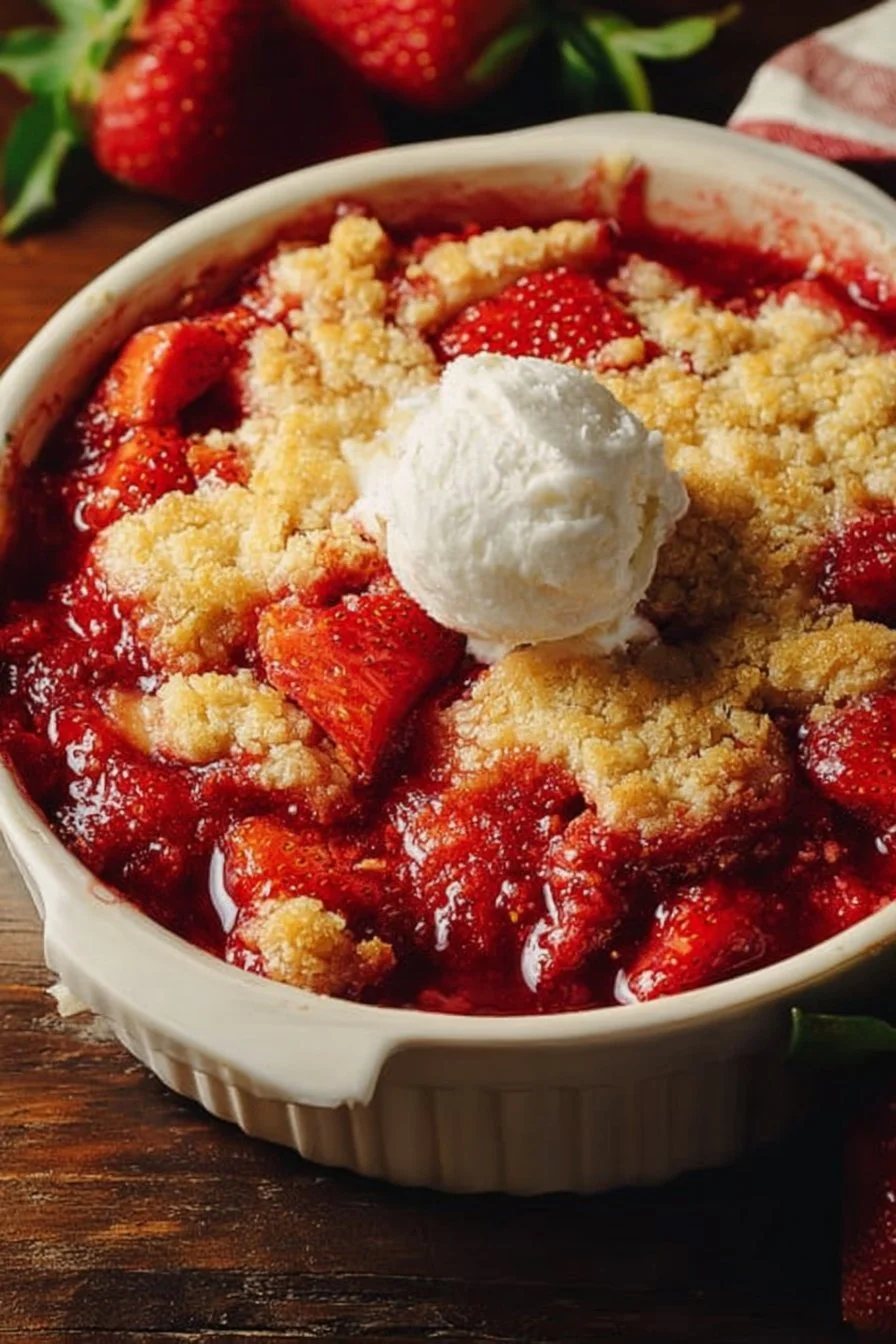 Freshly baked strawberry cobbler with a golden crust and juicy strawberries