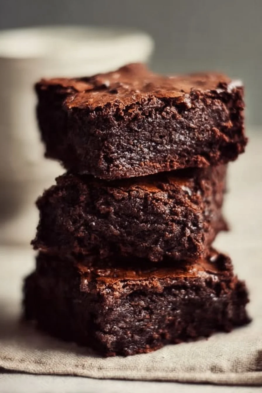 Delicious fudgy homemade brownies on a plate with a chocolate drizzle