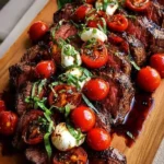 Grilled Balsamic Steak Caprese with fresh basil, tomatoes, and mozzarella