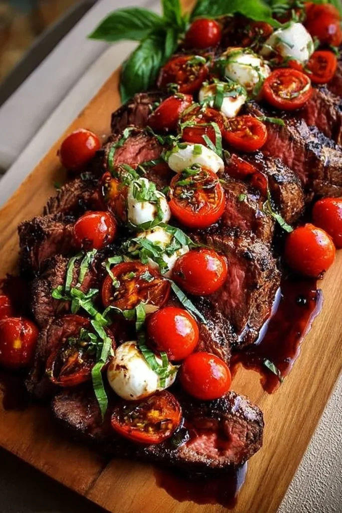 Grilled Balsamic Steak Caprese with fresh basil, tomatoes, and mozzarella