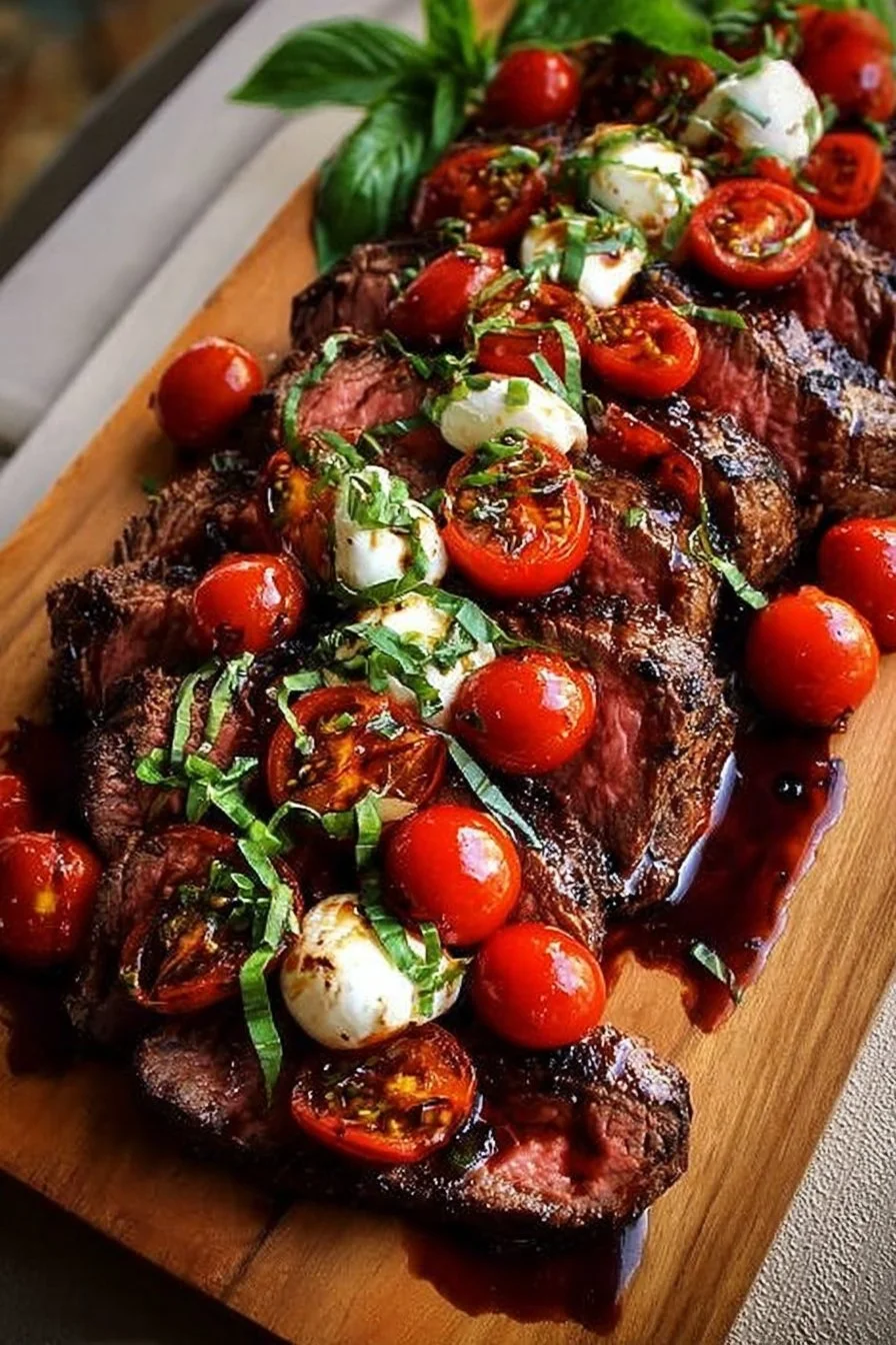 Grilled Balsamic Steak Caprese with fresh basil, tomatoes, and mozzarella