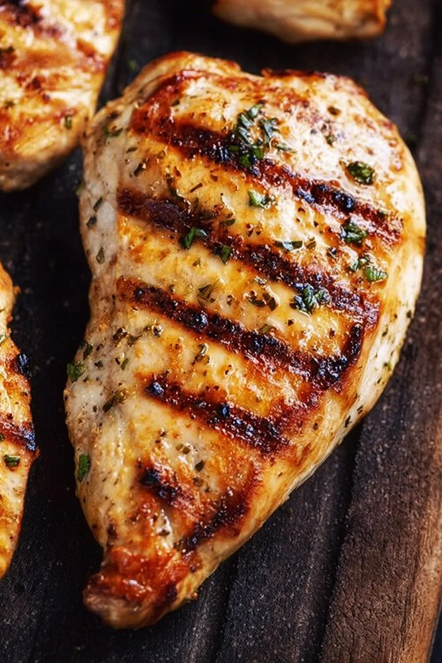 Juicy grilled chicken breast garnished with herbs and served on a plate.