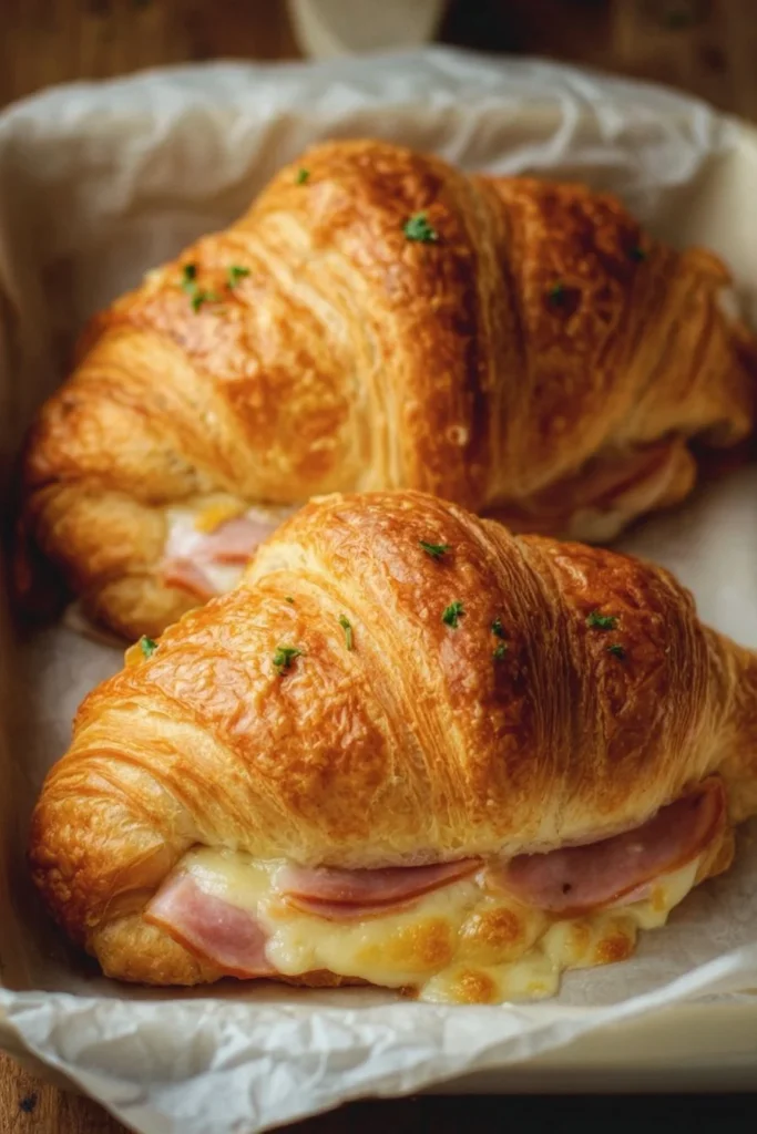 Freshly baked Ham and Cheese Croissants served on a plate