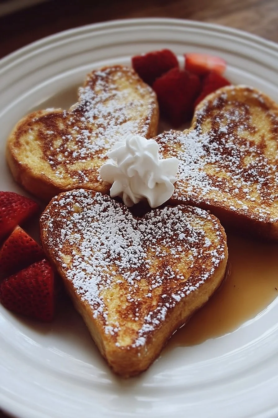 Heart-Shaped French Toast served on a plate with syrup and berries