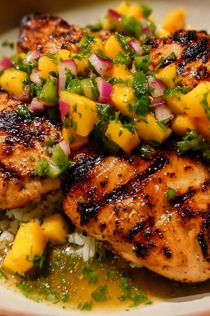 Delicious Honey Lime Chicken served with vibrant mango salsa on a plate.