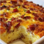 Ina Garten's delicious breakfast casserole served in a ceramic dish.