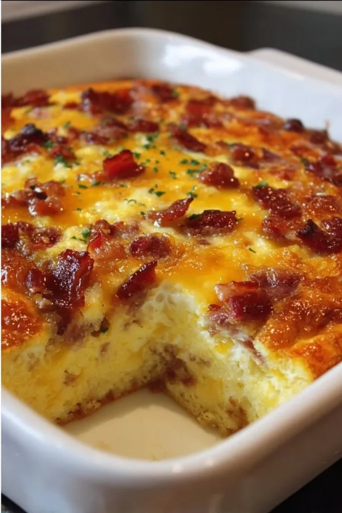 Ina Garten's delicious breakfast casserole served in a ceramic dish.