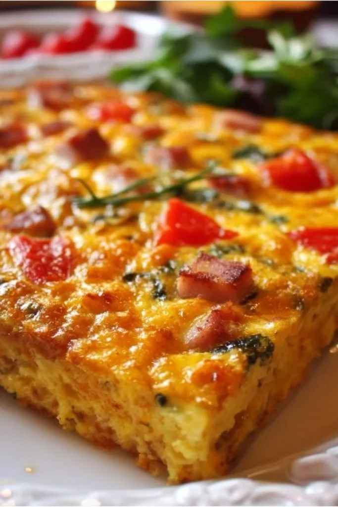 Ina Garten's flavorful Brunch Egg Casserole served with fresh herbs.