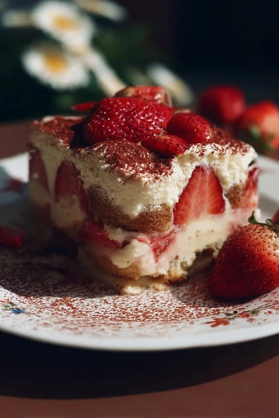 Delicious strawberry tiramisu with layers of strawberries and mascarpone cheese