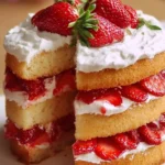 Delicious homemade strawberry shortcake cake with fresh strawberries and whipped cream.