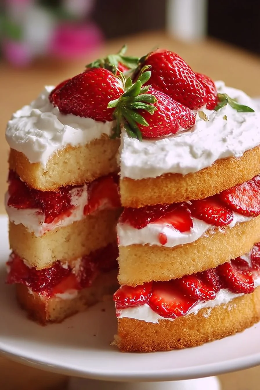 Delicious homemade strawberry shortcake cake with fresh strawberries and whipped cream.