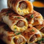 Cheesy sausage egg breakfast roll-ups on a plate, ready to be enjoyed.