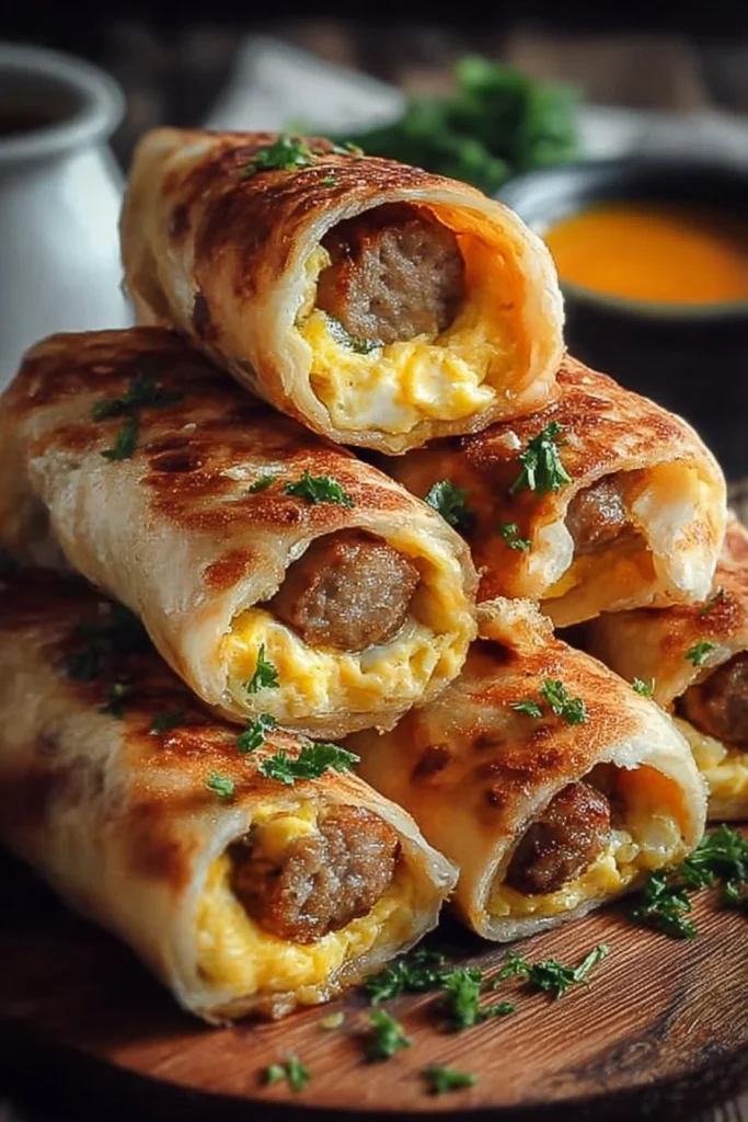 Cheesy sausage egg breakfast roll-ups on a plate, ready to be enjoyed.