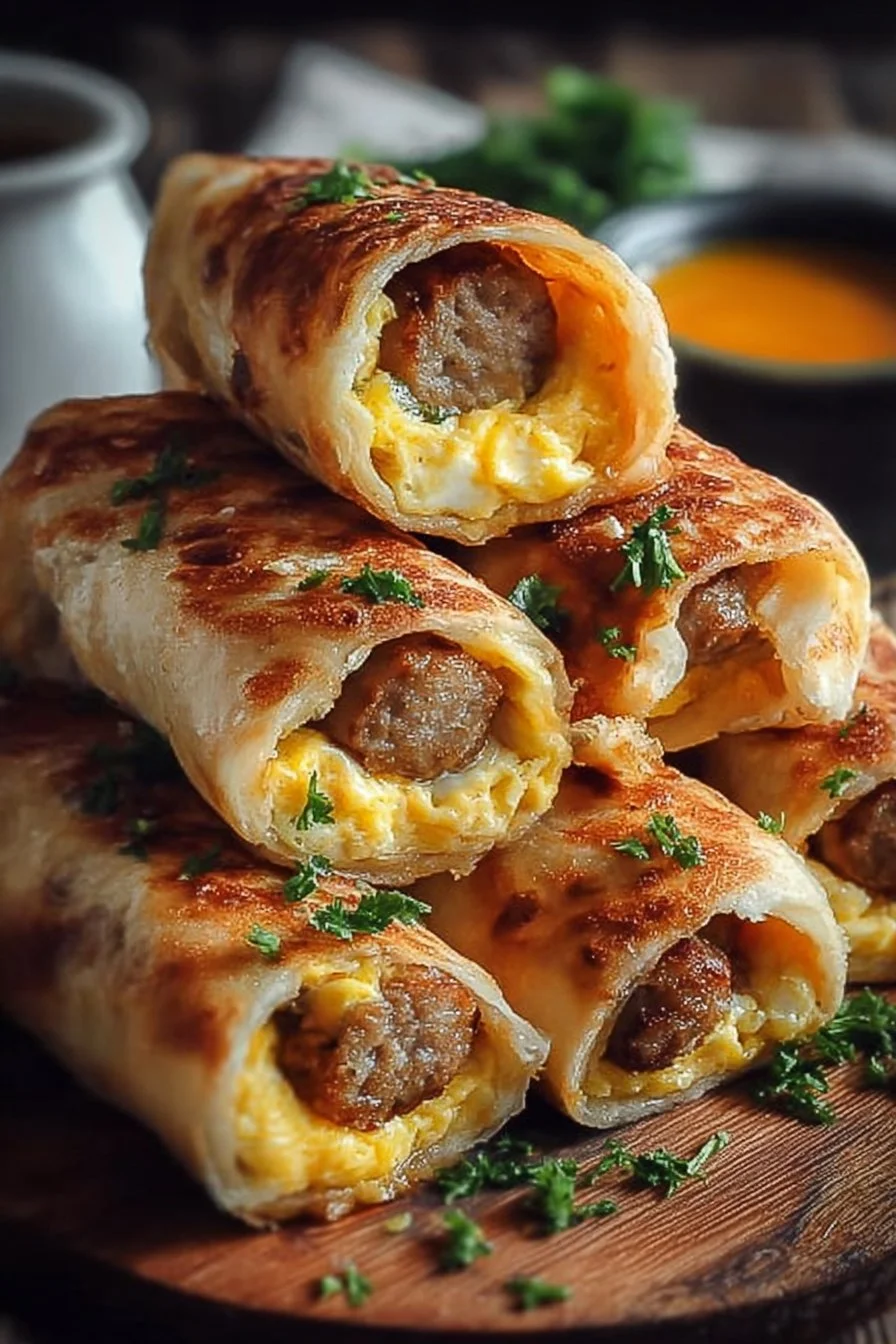 Cheesy sausage egg breakfast roll-ups on a plate, ready to be enjoyed.