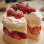 Slice of Japanese Strawberry Shortcake topped with fresh strawberries and whipped cream.