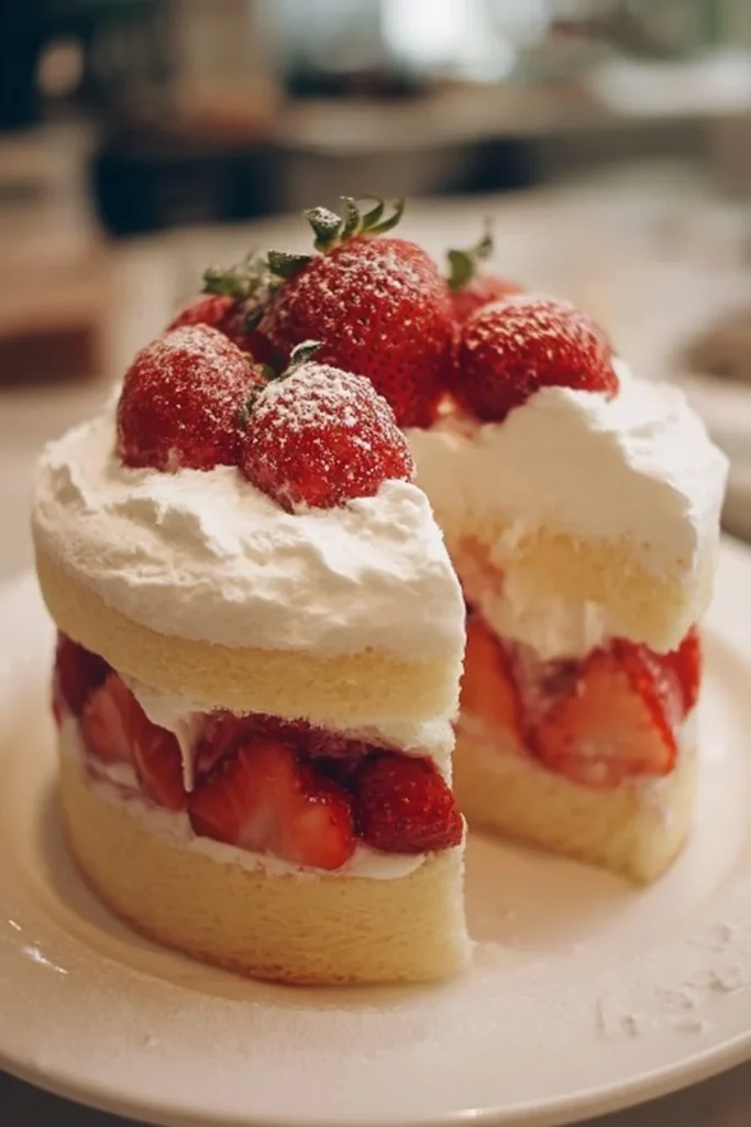 Slice of Japanese Strawberry Shortcake topped with fresh strawberries and whipped cream.