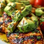 Juicy grilled California avocado chicken served on a plate with fresh veggies
