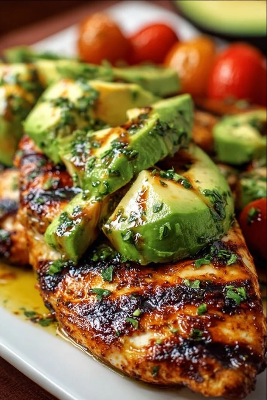 Juicy grilled California avocado chicken served on a plate with fresh veggies