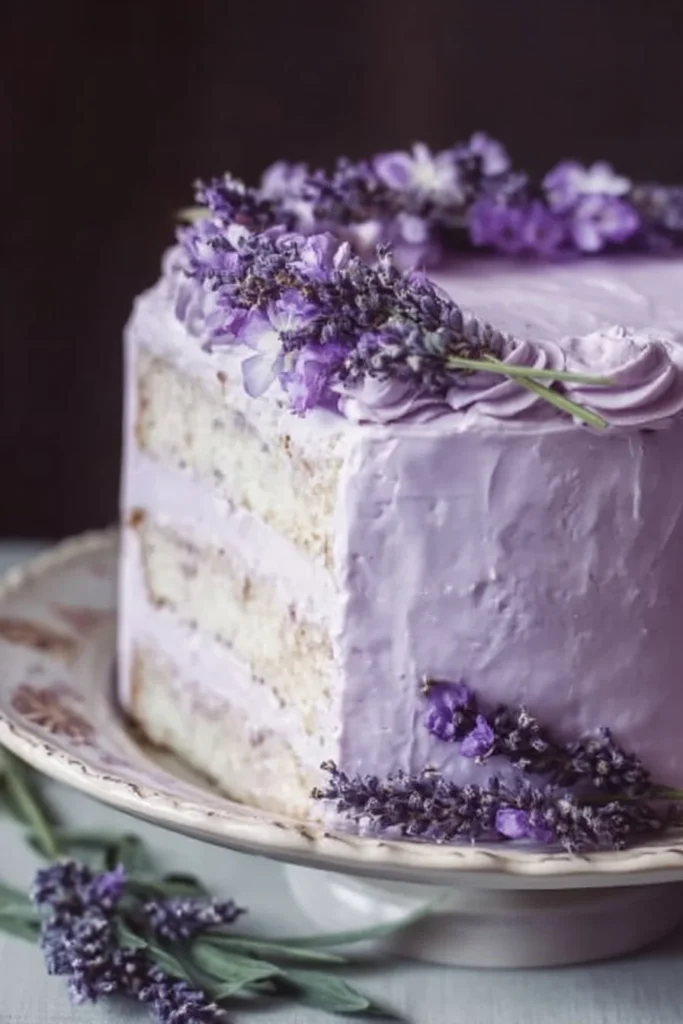 Lavender cake topped with lavender buttercream, showcasing floral flavors and elegant design.