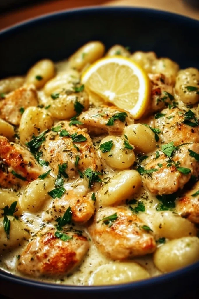 Creamy Lemon Chicken Gnocchi served in a bowl with fresh herbs