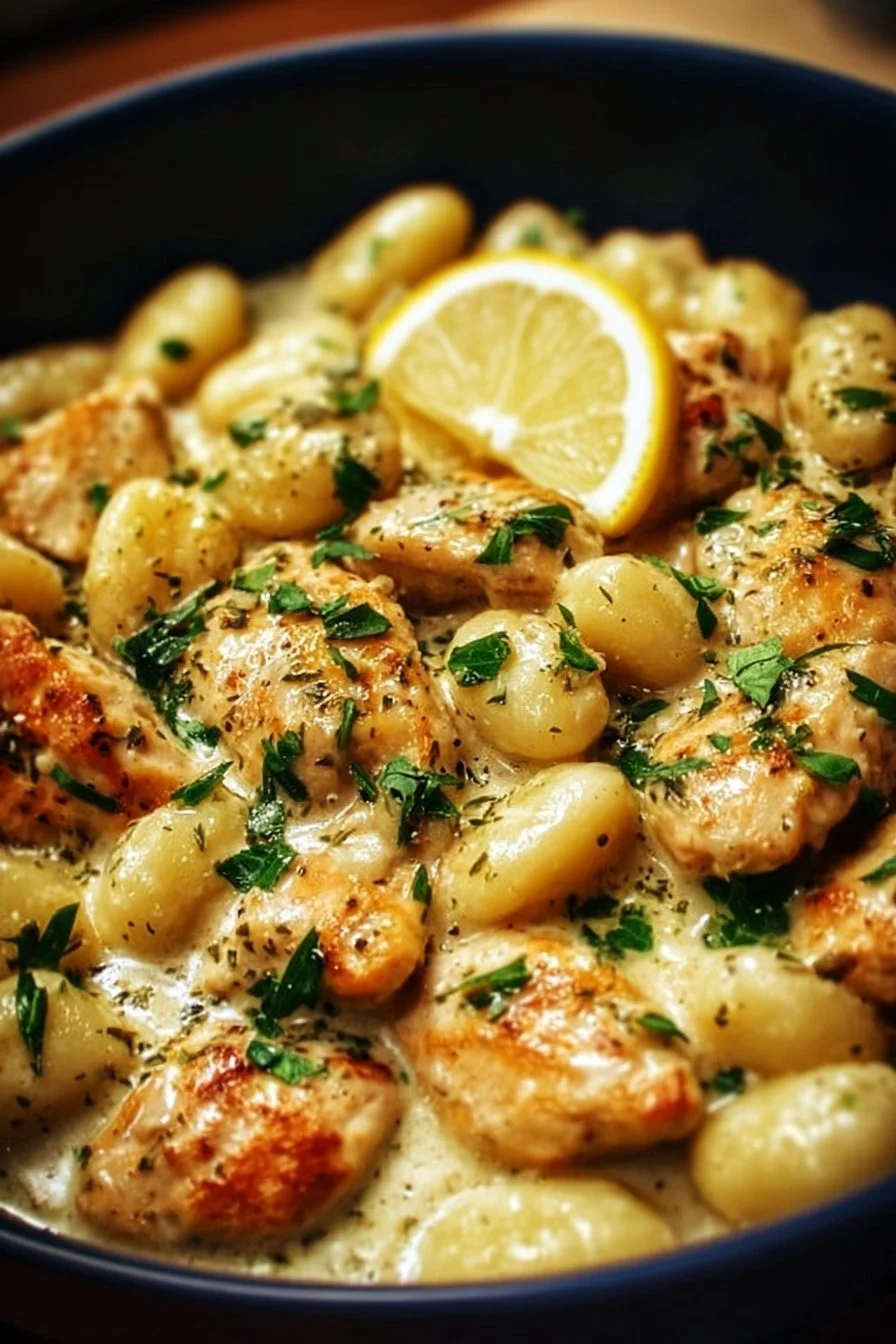 Creamy Lemon Chicken Gnocchi served in a bowl with fresh herbs