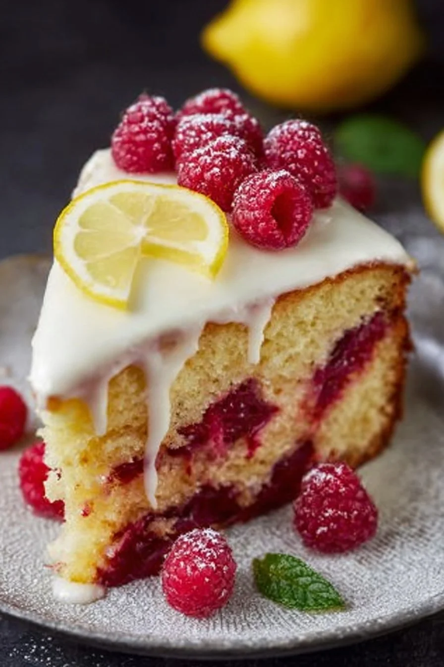 Delicious Lemon Raspberry Cake topped with fresh raspberries and lemon zest