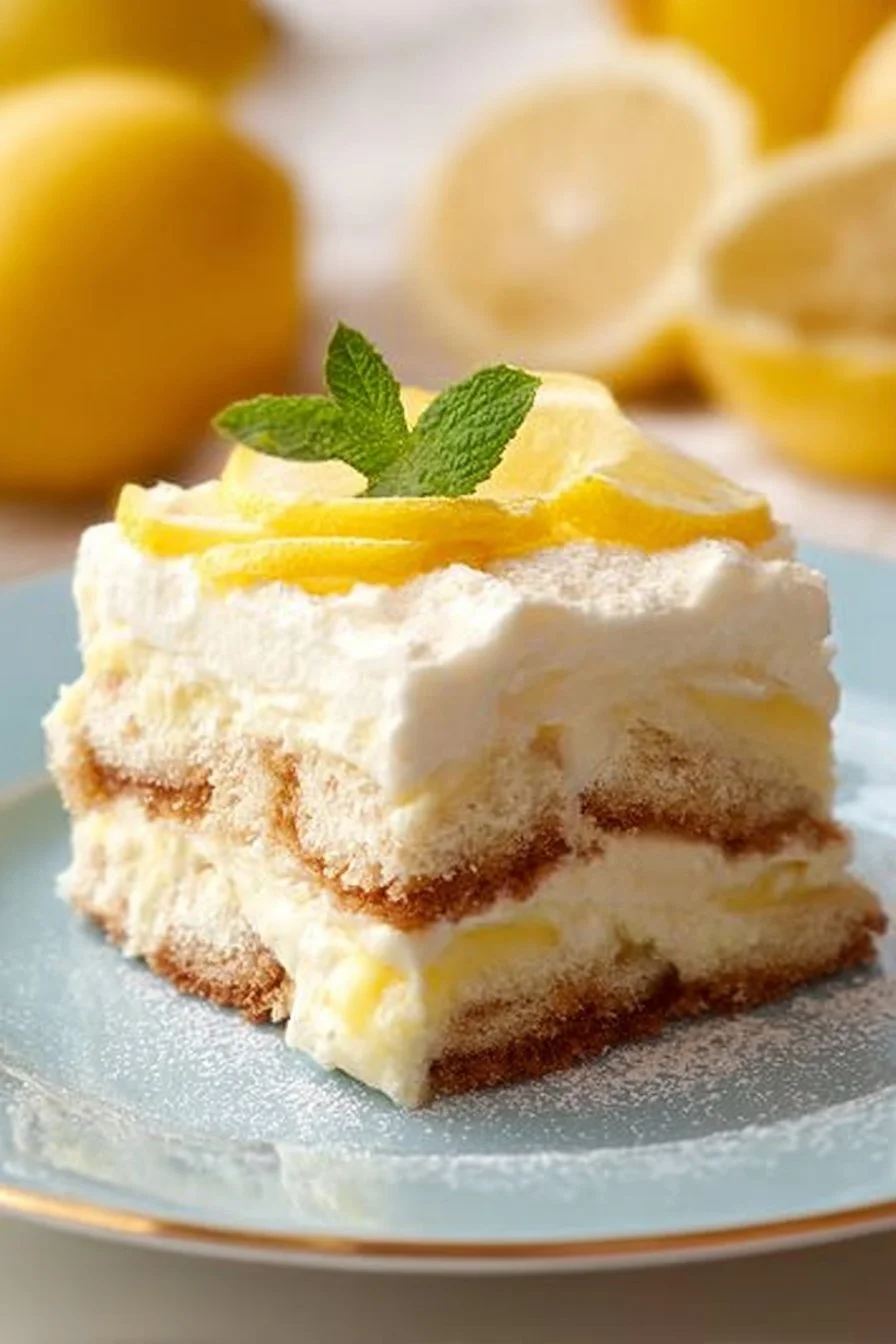 Delicious lemon tiramisu dessert layered with zesty lemon cream and coffee.