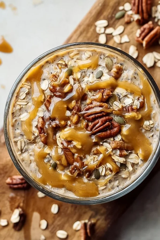 Maple brown sugar overnight oats in a jar with fruits on top