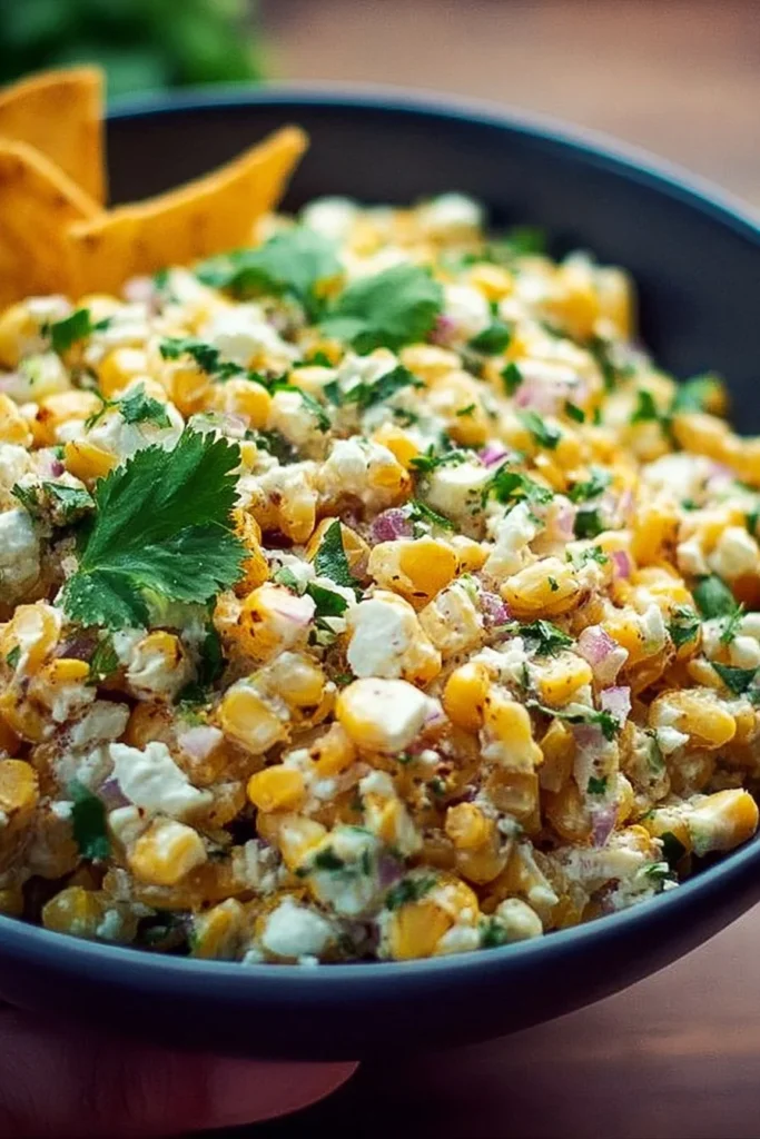 Delicious Mexican Street Corn Salad with corn, cheese, and spices.