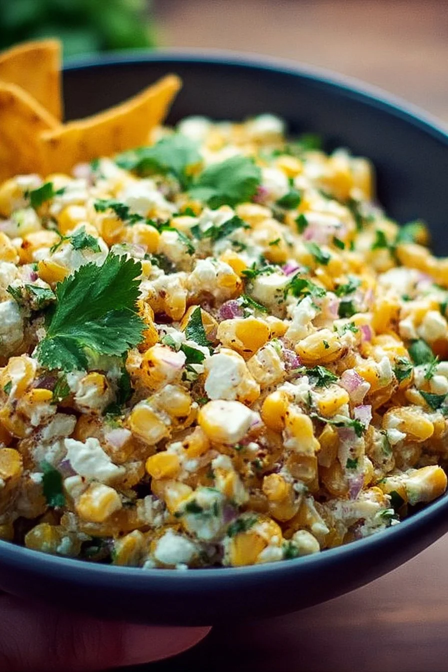 Delicious Mexican Street Corn Salad with corn, cheese, and spices.
