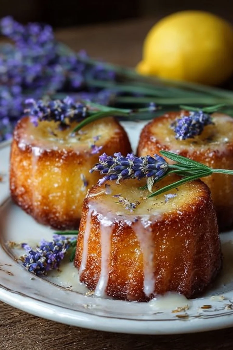 Mini lemon cakes decorated with lavender glaze, perfect for a sweet treat.