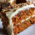 Moist homemade carrot cake with cream cheese frosting on a rustic table